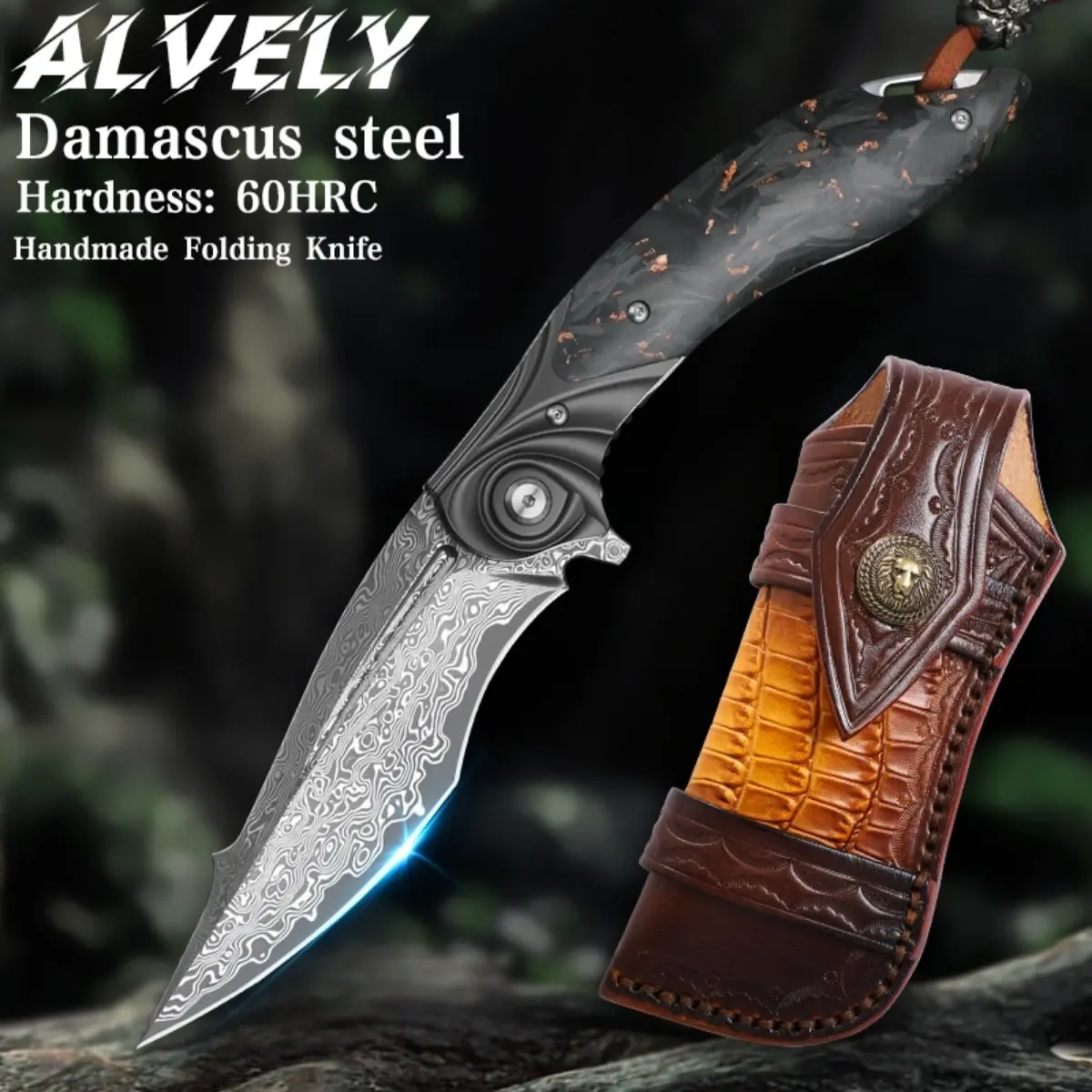 ALVELY Handmade Damascus Steel Men's Tactical Everyday Carry (EDC) Pocket Knife - 60HRC Hardness, Holster, Liner Lock, Charcoal Gray Handle, Pocket Clip - Ideal for Camping, Gifting