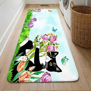 1pc Tulip-Hug Cat Oil Flannel 100% Polyester AISLE RUG, aisle/kitchen/living/foyer light absorb light slip-safe, fold-flat space-save, door flex lay, gentle-wash fade-free gift-ready