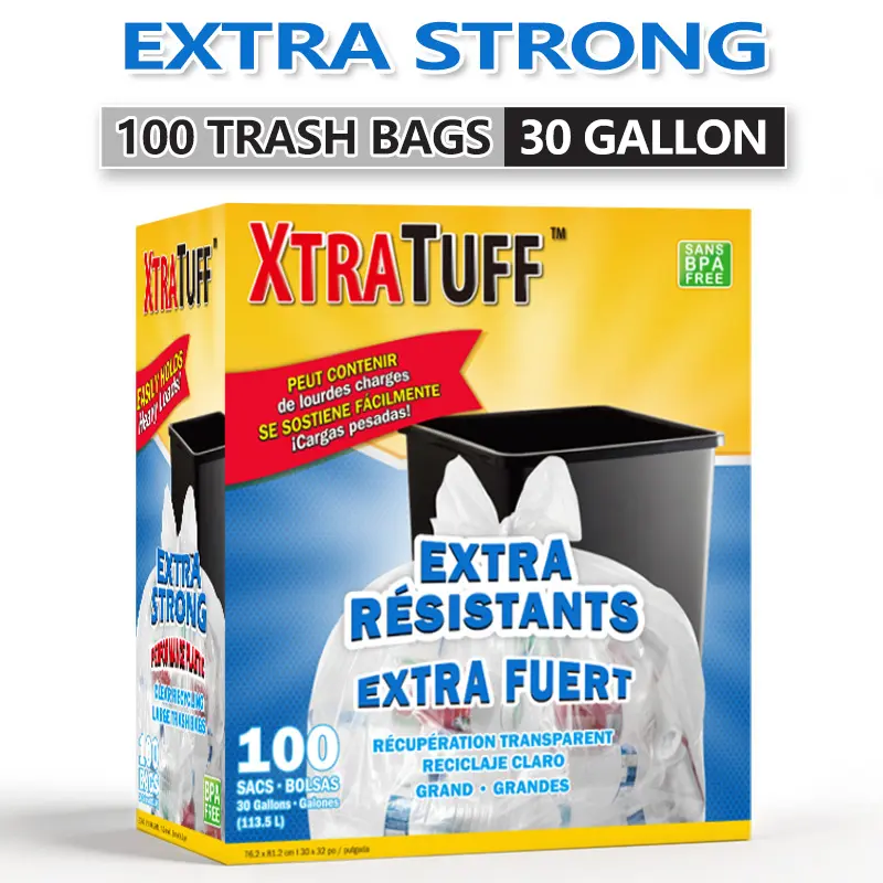 Sturdy 30 Gal (113.5L) White Disposable Plastic Trash Bags Bin Bags Kit, 100-Count 1-Box - Extra-Strong, Leak-Proof, Easy-To-Use for Kitchen Trash Cans, Home Cleaning Supplies, Sturdy Trash Bags