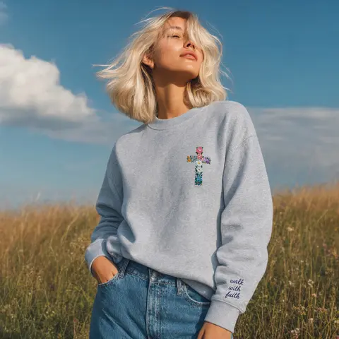 Embroidered Created With A Purpose Sweatshirt, Minimalist Christian Crewneck with Cross, Faith-Based Inspirational Sweater, Religious Gift for Women