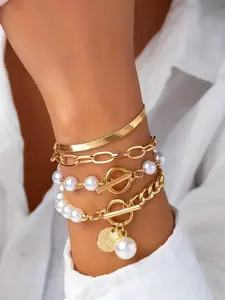 Faux Pearl Decorated Link Bracelet, Fashionable OT Buckle Design Jewelry for Women & Girls, Fashion Jewelry for Party, Daily Decor, Trendy All-match & Exquisite Jewelry for Birthday Gift, Bangles Bracelets Set, Trendy Jewellery Accessories