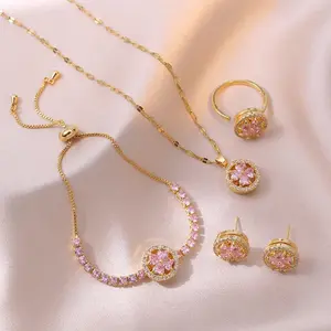 5PCS Pink Rotating Jewelry Set, Necklace for Women, Trendy Style Micro Inlaid Zircon Rotating Pendant Titanium Steel Necklace Earrings Ring Bracelet Set Set of Ornaments