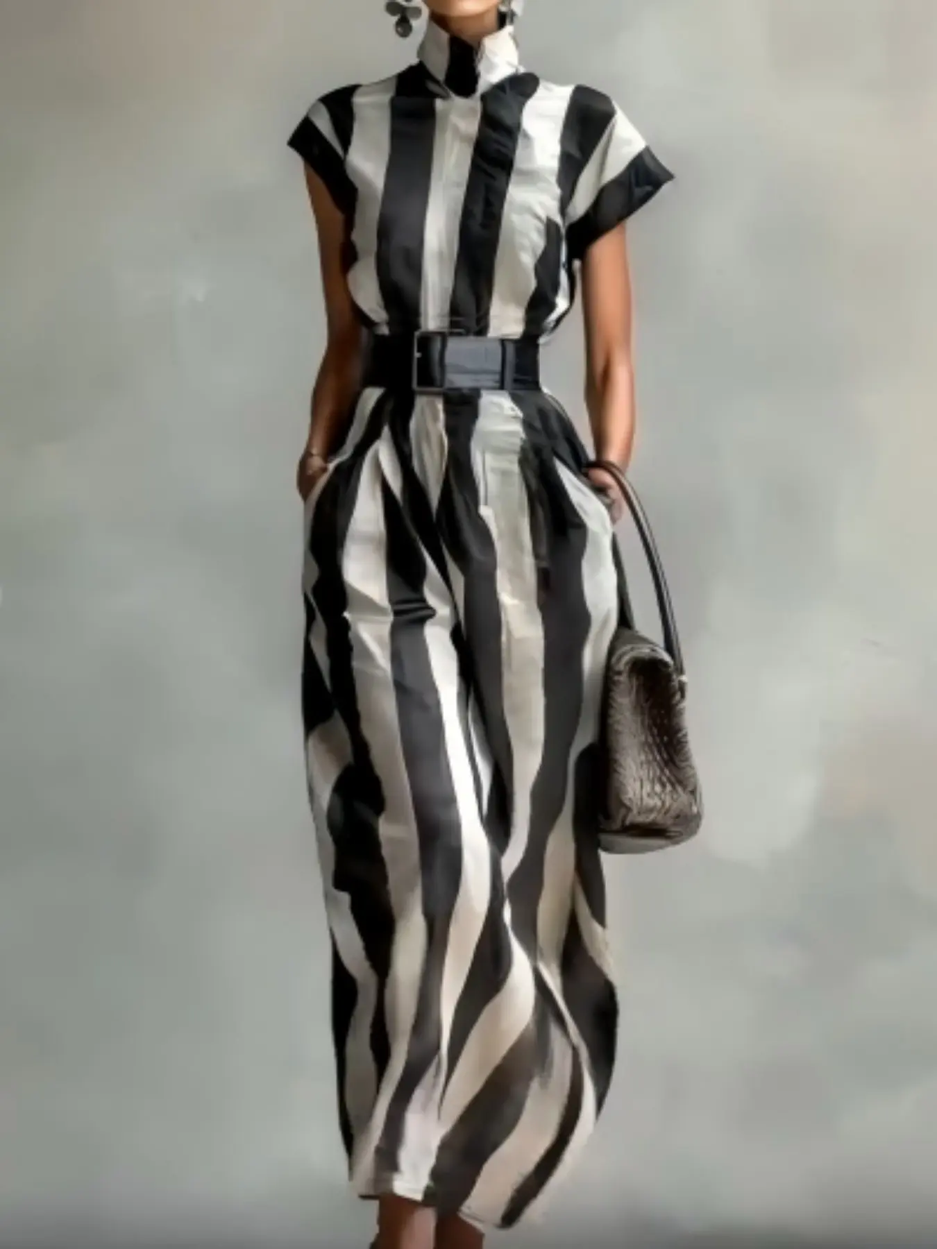 Women's High Neck Chiffon Lightweight Short Sleeve Belted Dress, Fashion Striped High Neck Chic Elegant Fitted Waist Cinched Dress, Casual Business Party Wear Womenswear Elegant Formal Style