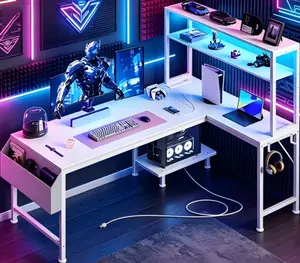 51.2 Inch L-Shaped Gaming Desk Equipped with Power Outlets and USB-C Port, Built-in LED Lighting, Computer Corner Desk with Integrated Pegboard, Storage Shelves and Storage Bag, Home Office Workstation Desk with CPU Bracket, Black Finish