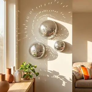 Disco Ball Wall Decor Set, 3-Piece 7/6/4 Inch 3D Reflective Decorative Mirror Art, Self-Adhesive Modern Design, Silver Color Party Decoration