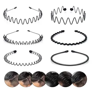 6PCS Metal Headbands for Men & Women – Wavy Spring Hair Bands, Non-Slip Unisex Black Elastic Hair Hoops, Sports Fashion Headwear Accessories
