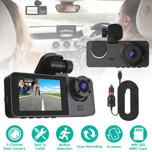 3-Channel Dash Cam (Front, Interior, Rear) with 32GB MMC Card – Features G-Sensor, Motion Detection, Parking Monitor, and Loop Recording