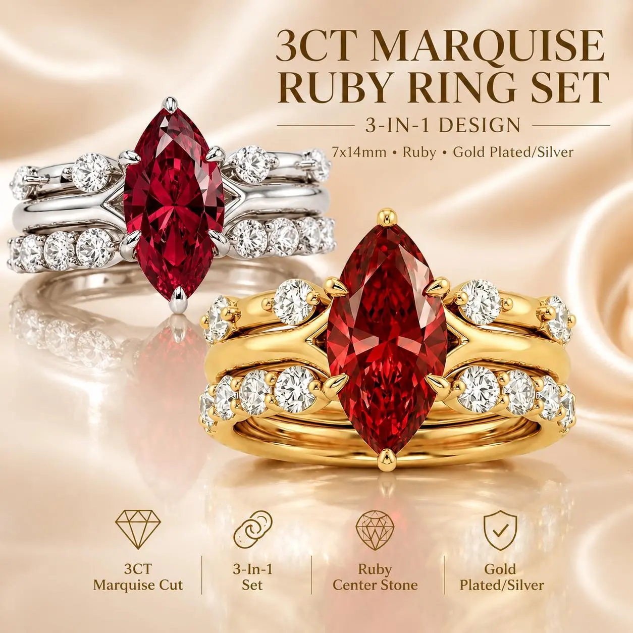 Loysun Women's 3ct Marquise Cut Artificial Ruby Red Gemstone Ring, Durable Stacking Statement Ring, Fashion Couple Wedding Engagement Promise Gift for Her