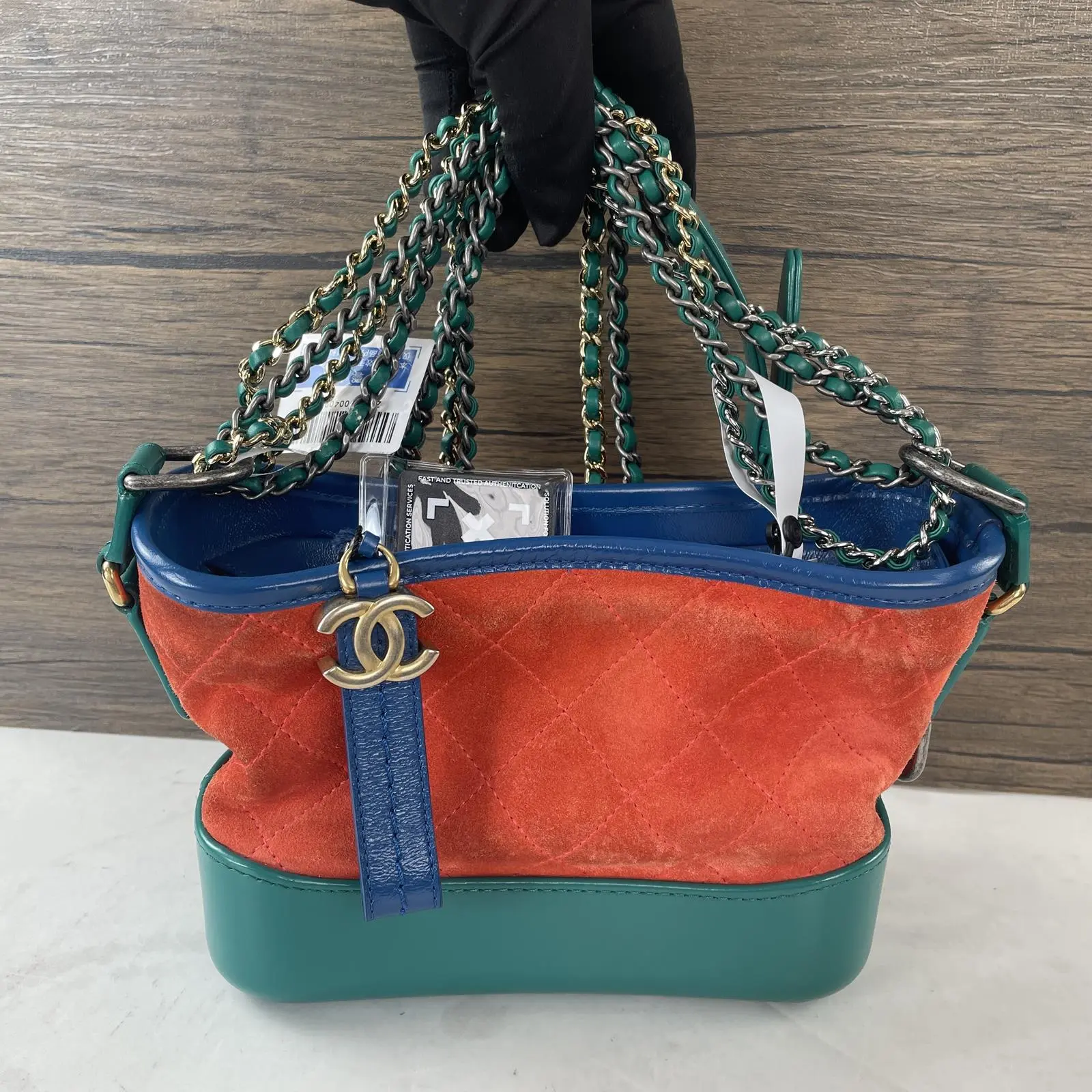 Pre-owned CHANEL Diamond Quilted Orange Suede Upper Tote Bags Gabrielle Small Orange Suede Green Blue Calf Leather Tri Color Two Tone Chain Crossbody Bag+Bag charm+++