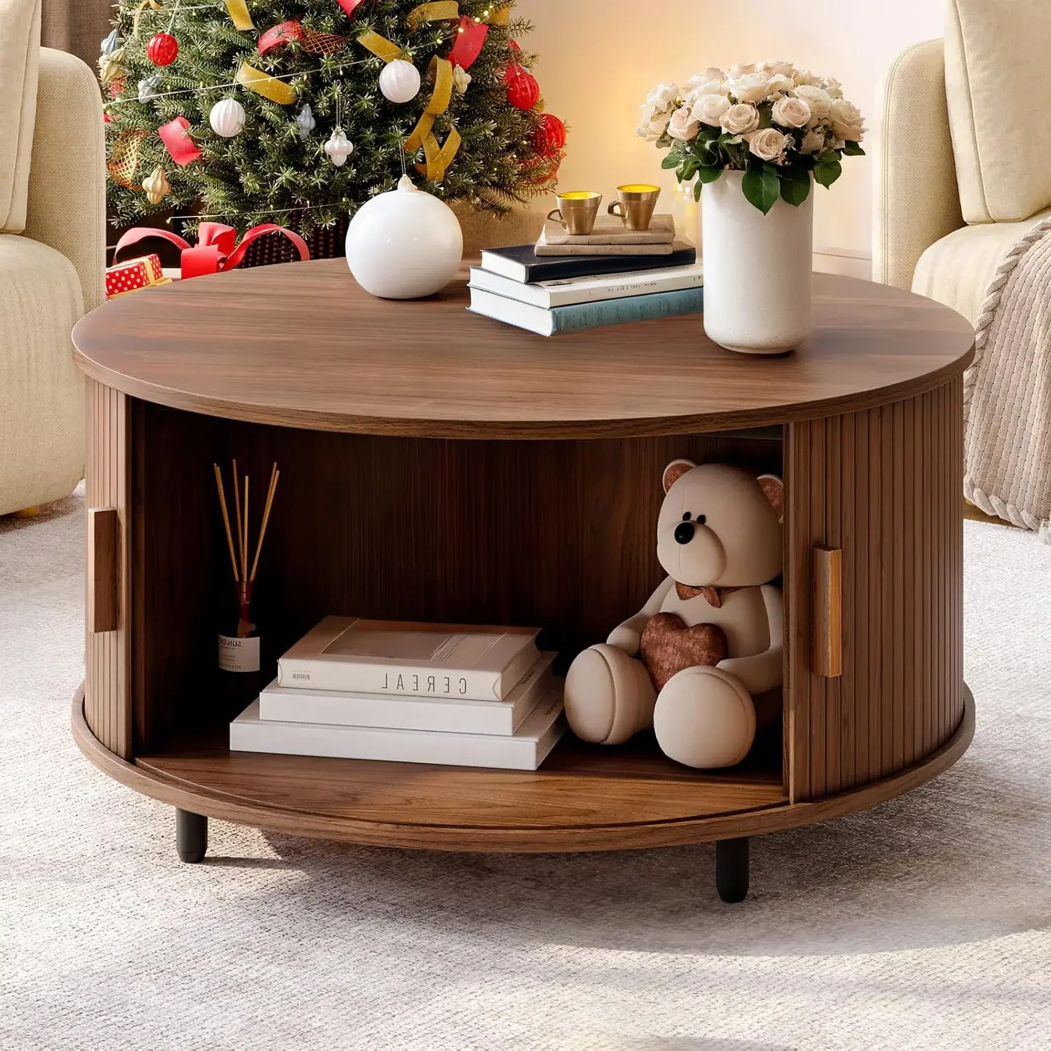 【SummerFinds】ONBRILL 31.5" Round Storage Coffee Table - Fluted Wood Modern Space Saving Furniture, Living Room/Bedroom Decor, 360° Curved Sliding Door, Adjustable Footpads, Assembly Required, Mother's Day Gift Option