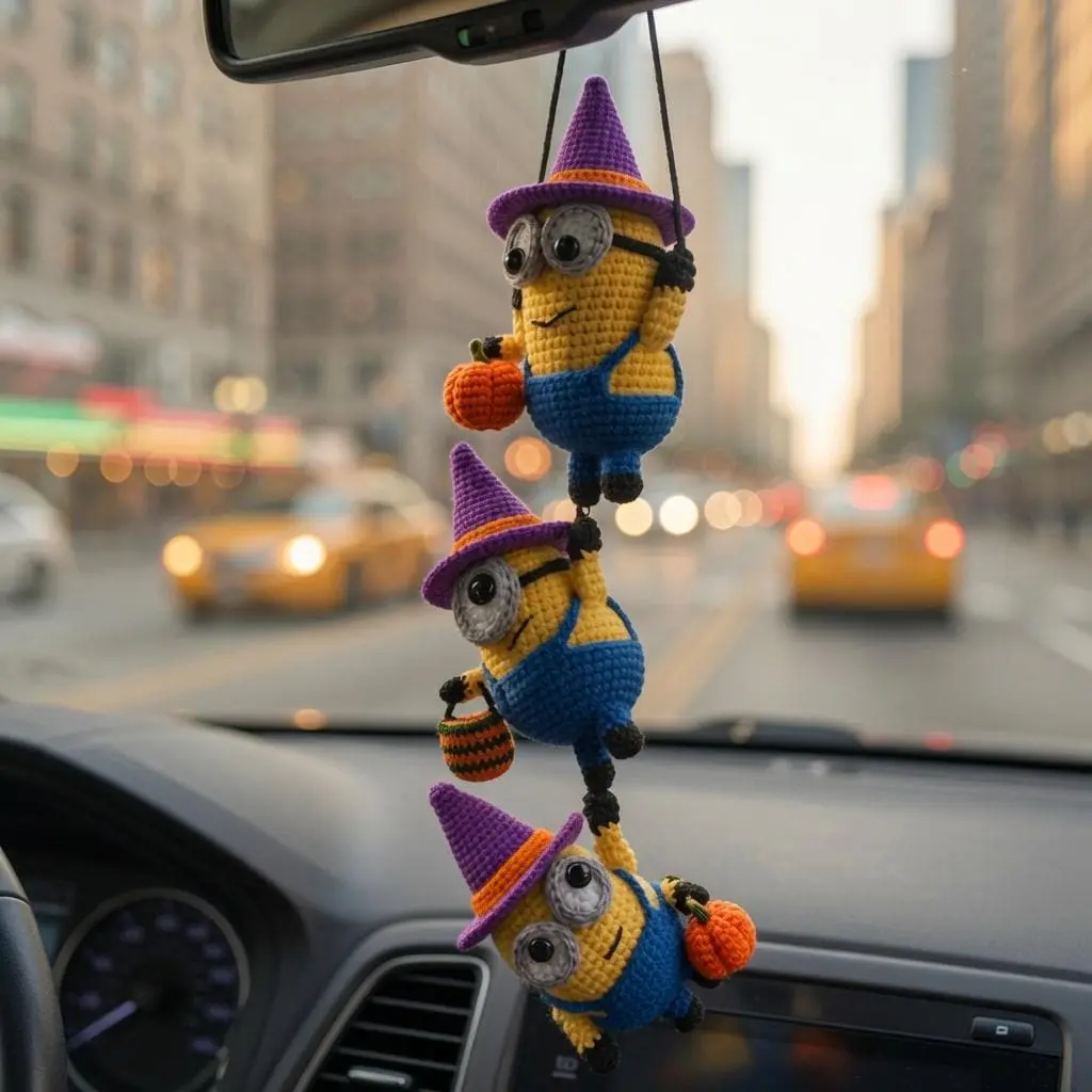Funny Halloween Triple Minions Crochet Car Mirror Hanging - Handmade Amigurumi Character Charm, Gift for Him Her, Car Decor