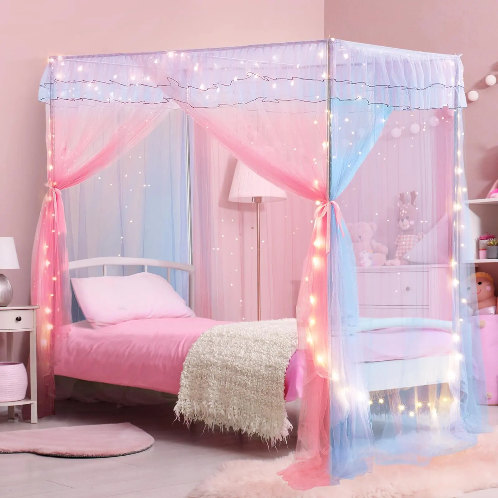 Pink Twin Size Mosquito Net Bed Canopy with Glowing Stars Lights, 4-Corner Post Design for Girls' Room Decor, Girly Stuff for Kids' Bedroom Indoor Decor