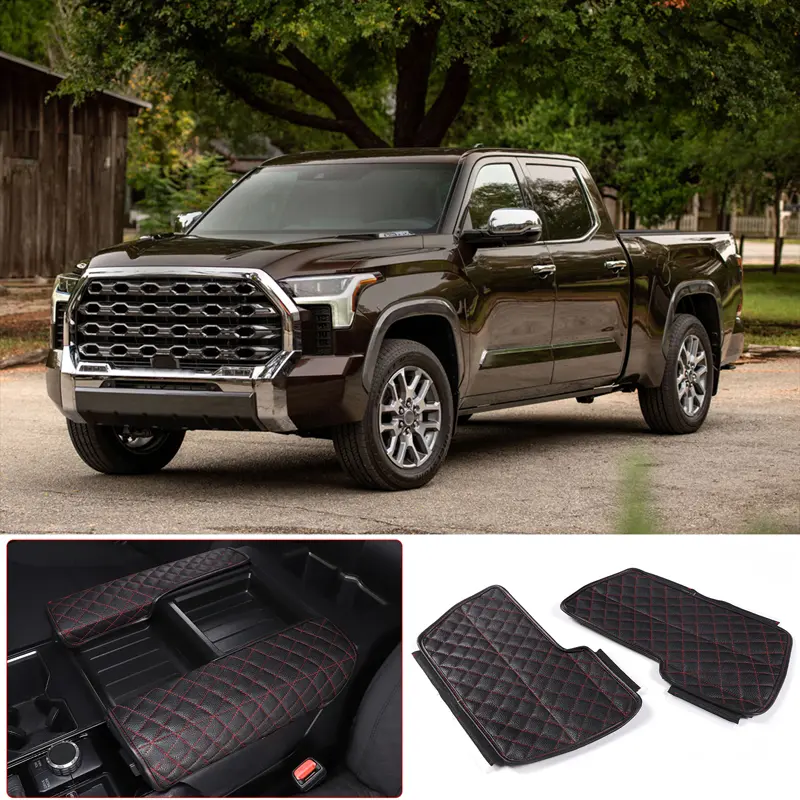 Car Interior Accessory, 2-Piece Checkered Leather Car Armrest Box Cover - All Black with Red Line, Left Peptide Fit for 2022+ Toyota Tundra Sequoia Premium Decor