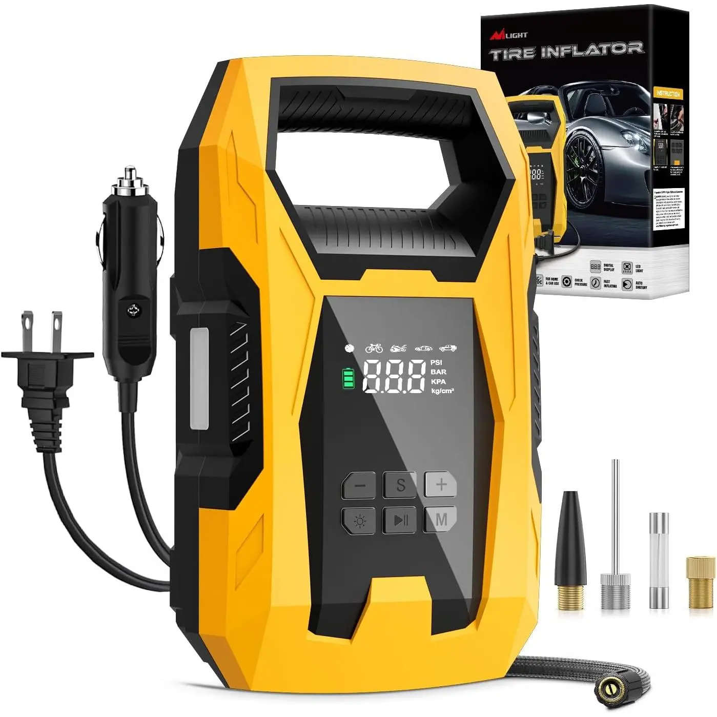 Nilight Handheld Tire Inflator - Dual Power 110VAC-12VDC 150 PSI Heavy-Duty Inflation Pump with LED Flashlight, Pressure Gauge, Auto Shut-Off, 5min Tire Fill for Cars, Motorcycles