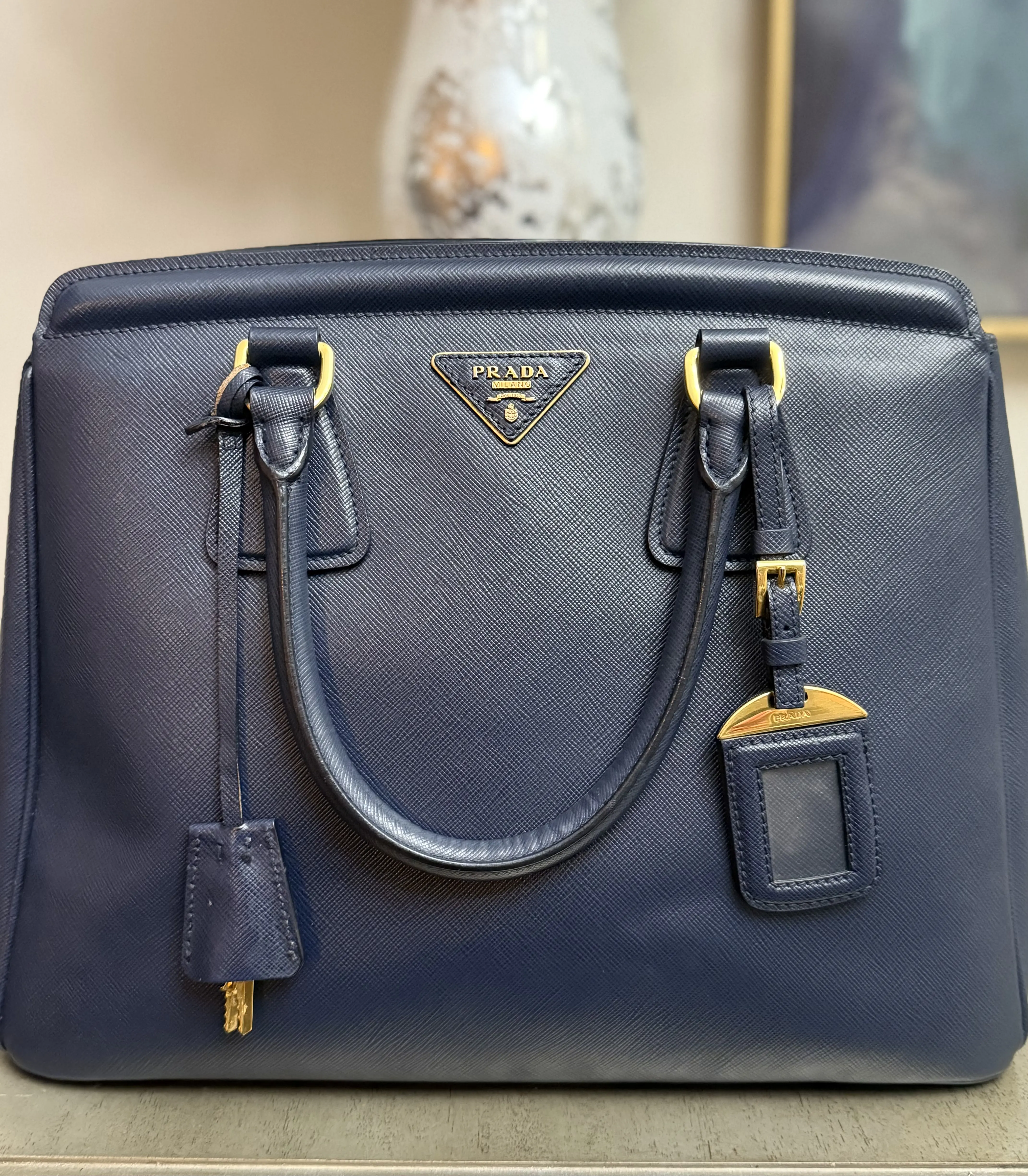 Pre-owned PRADA Leather Shoulder Bags Navy Blue Saffiano Handbag