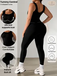 Women's Plus Size Seamless Sleeveless Bodysuit Pants, High Stretch Slimming, Detachable Pads, Moisture Wicking, Versatile Wear