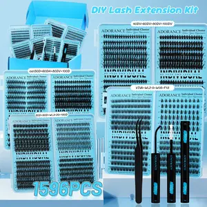 ADORANCE Mix Lash Clusters Kit Gift Pack, 1596 Pcs 15 Styles Mega Volume, Soft D Curl Wispy Natural Individual Cluster Eyelashes, Eyelashes Extensions, DIY Lash Extension Kit for Beginners with Lash Bond, Seal and Tweezers, Fluffy Cluster Lashes