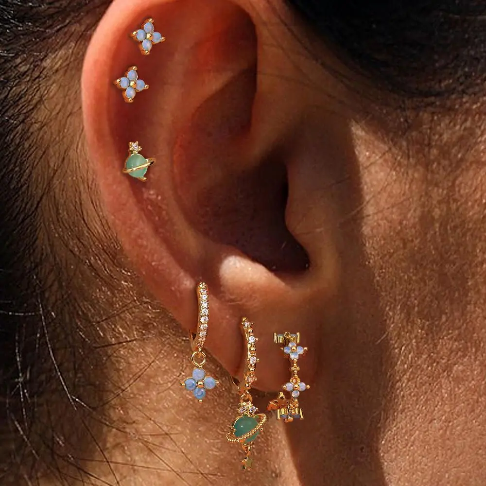KRFY 6Pcs Stackable Gold Earring Stack Set - S925 Sterling Silver Posts, 14K Gold Plated, 3 Conch/Hex Cartilage Studs, 3 Huggie Hoops, Hand-Set Cubic Zirconia, Nickel-Free for Sensitive Ears, Gift-Ready & Chic Everyday Office Jewelry