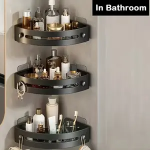 3pc triangular bathroom wall mounted storage corner rack, shower basket, non perforated shampoo and shower gel rack, Bathroom Organizing Accessories