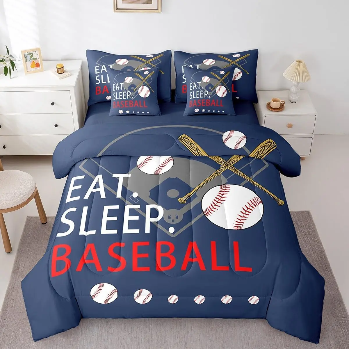 Feelyou 7-Piece Baseball Print Bedding Set - Breathable Navy Blue Bed-in-a-Bag Set, Ball Games Inspired, Soft Comforter and Sheets Included for Boys, Bedding Blanket, Bedsheet Sets