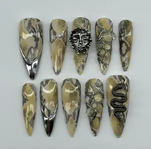 Luxury Snake Skin Press On Nails – 3D Snake, Chrome Tips & Gothic Face Charm, Long Stiletto Nails for Bold Wild-Inspired Looks