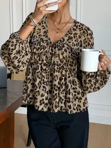 Women's Front Tie Long Sleeve Leopard Print Casual Shirt,Babydoll Lace-Up Blouse, Top, Boho Style Shirt, Twisted Texture,Fitted,Suitable For Spring, Summer And Autumn Winter Cheetah, Casual Fashion Chic