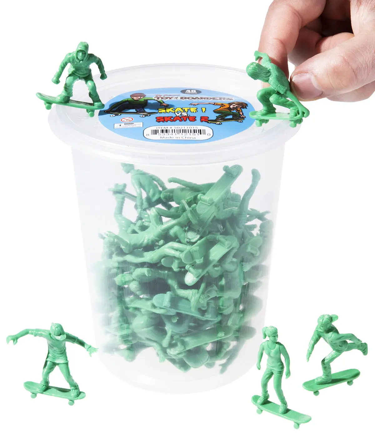 ToyBoarders Skateboarders - Bucket of Army Man-style skateboarder figurines.