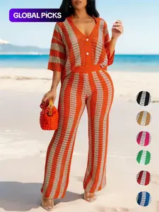 Women's Color-Block Striped Cutout Button-Front Top & Wide-Leg Pants Two-Piece Set, Casual Drop-Shoulder Collared Top & High-Waist Pants for Spring and Summer, Beach Vacation 2-Piece Outfit for Women, Knitted Set Clothes, Womenswear