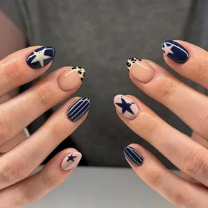 Blue French Tip Fake Nails Almond Press on Nails Short Acrylic Nail with Star Stripe Design Glue on Almond Nails Press ons Leopard Print Press on Nails Star Stick on Nail for Women Manicure