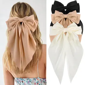 Hair Bows for Women Girls 3Pcs White Silky Satin Large Hair Bow Black Coquette Bow Brown Big Bows Hair Clip Oversized Hair Ribbons Long Tail Hair Bow Hair Barrettes Hair Accessories Gifts