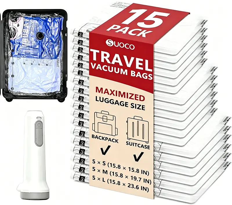 Vacuum Storage Bags with Pump, Plastic Packaging Bags, 80% Space Saver Vacuum Seal Bags for Clothing, Travel Lugggage, Blankets, Comforters, 15 Combo