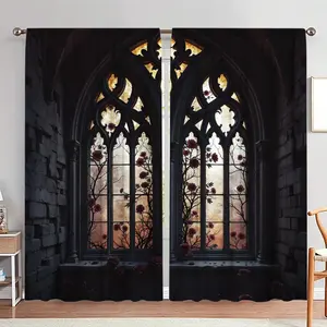 Gothic Window Pattern Door Curtain, 1 Set Colorful Rose Pattern Door Curtain, Home Decor for Living Room Bedroom Study Room, Home Decoration Curtain