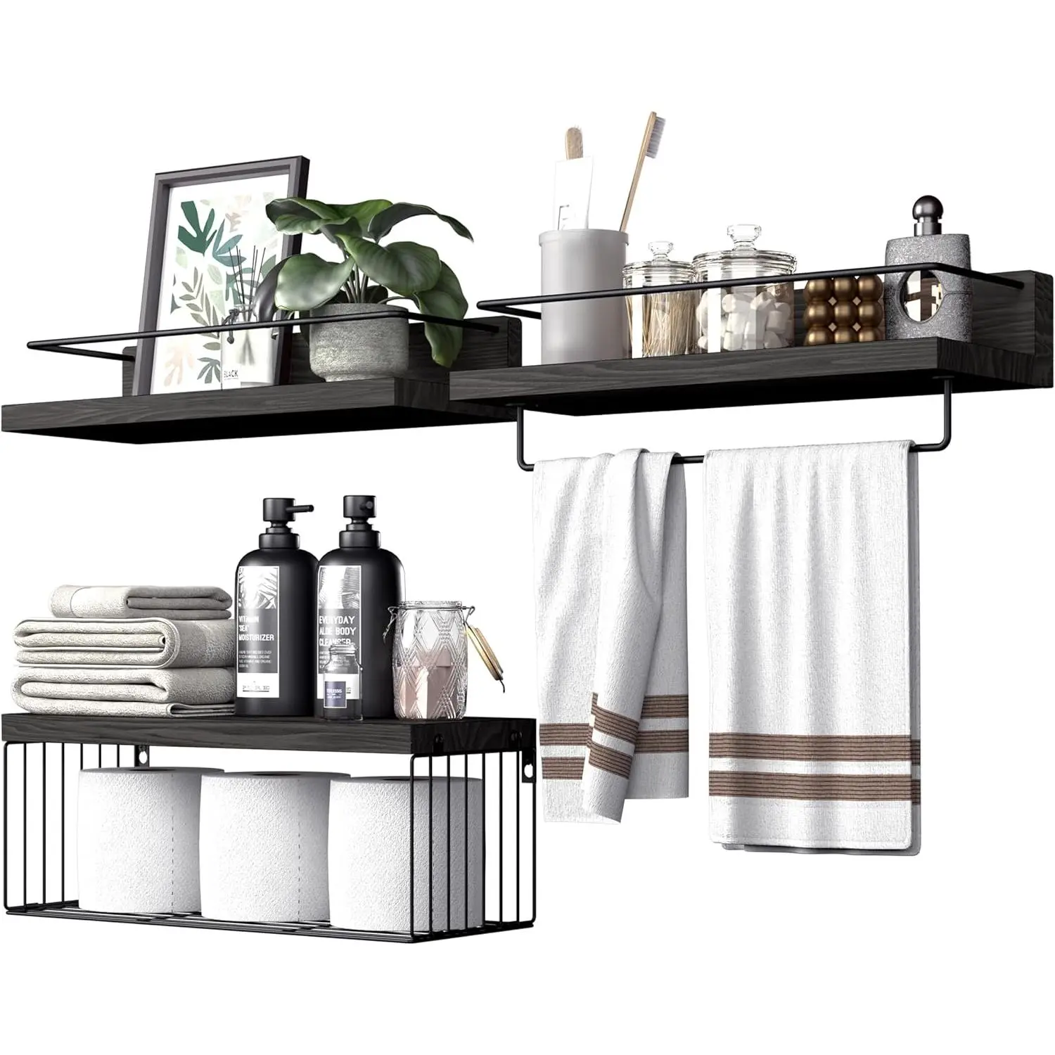 Bathroom Shelves Over Toilet for Wall, Floating Shelves with Storage Basket Paper Holer for Kitchen Living Room, Bedroom & Classroom, Set of 3 (Black)