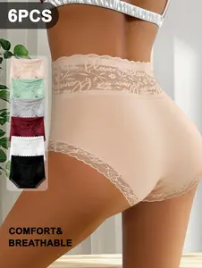 QUASTI 4/6PCS High-Waisted Lace Seamless Printed Briefs for Women Breathable Soft Stretch Panties High Elasticity Full Coverage Underwear Fashionable Elegant Comfortable Everyday Lingerie Set for Ladies and Girls S-XXL