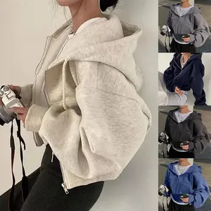 New style2025 Spring Autumn New Insfleece-lined Versatile Cropped Slims Smooths Silhouette Zip-up Warm Navy Blue Hooded Sweatshirt