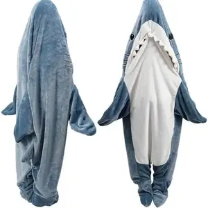 Cozy Shark Pajama Blanket Wearable Hoodie Shark Costume for Family Halloween Sleeping Bag Pajama Party Nightwear Loungewear Gift for Women Men Kids