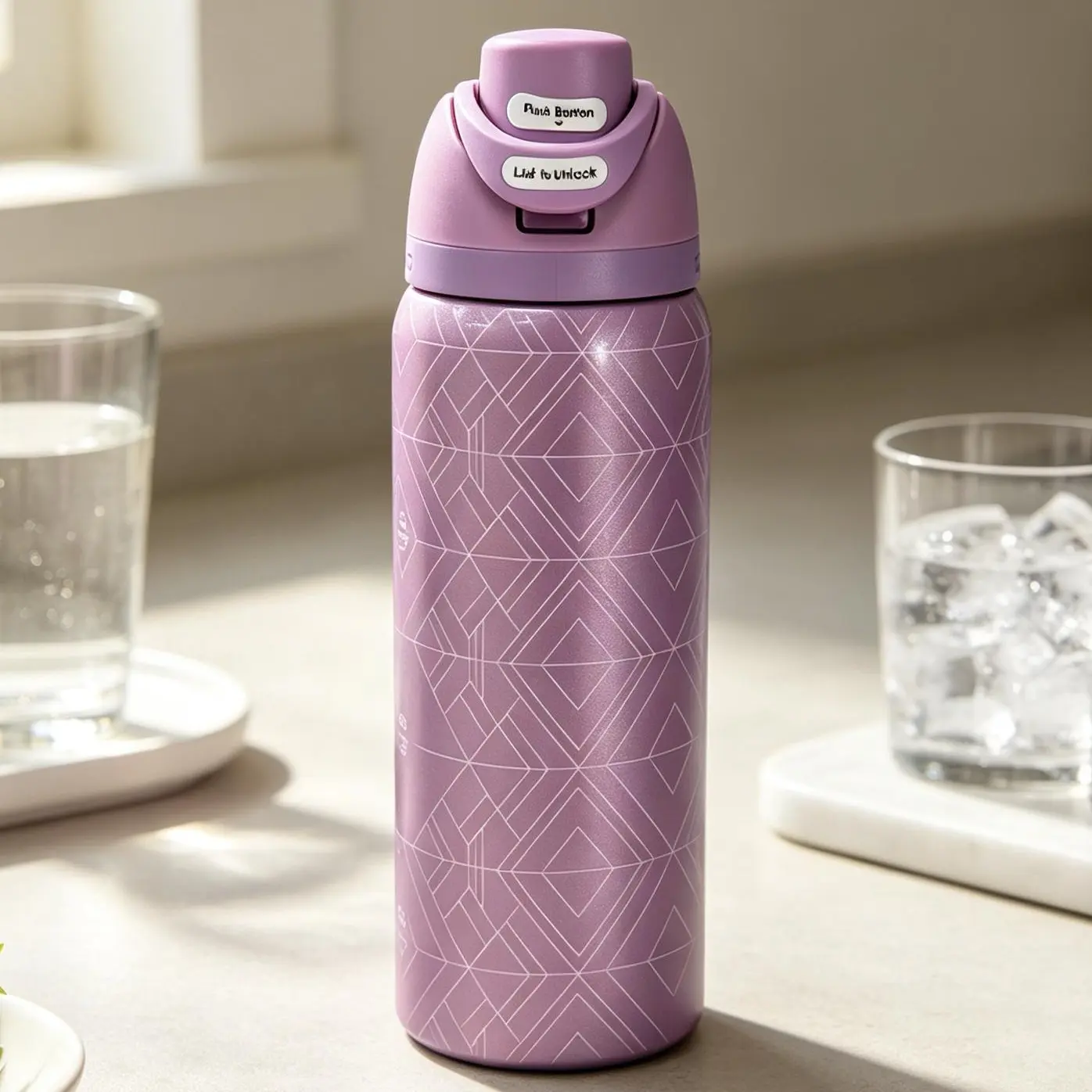 Owala ColorDrop Portable Stainless Steel Insulated Water Flask - Shimmery Lavender Purple Geometric Diamond Monogram Print, Lift-To-Unlock Leak-Proof Flip Top Spout, 24H Cold Hold, Heat Resistant Anti-Scalding Preppy Travel Mug for Adults