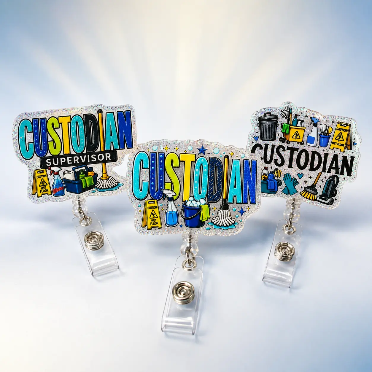 Badge Reels for Custodians, Cute Acrylic Custodian Janitor ID Badge Holder, Retractable Swivel Clip School Staff Appreciation Gift