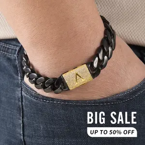 14MM Bracelet Letter A-Z Cuban Link  Black Stainless Steel Miami Thick Buckle Bracelet Hip Hop 7.5in 8.5in ,Perfect Christmas Jewelry for Men and Women Popular choice