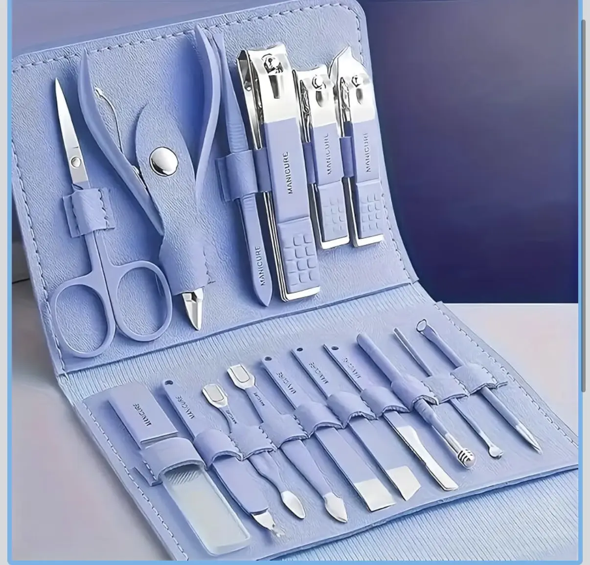 16-IN-1 Professional Manicure Kit, Sky Blue Stainless Steel Nail Clippers Set with Travel PU Leather Case