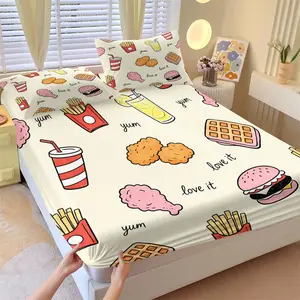 3 Pcs Fun American Fast Food Themed Fitted Sheet Set, Cartoon Burger Fries Chicken Print Non-Slip Bedding, Deep Pocket All-Round Wrap, For Bedroom Dormitory Rental House, Exclusive Fun Gift for Food Lovers