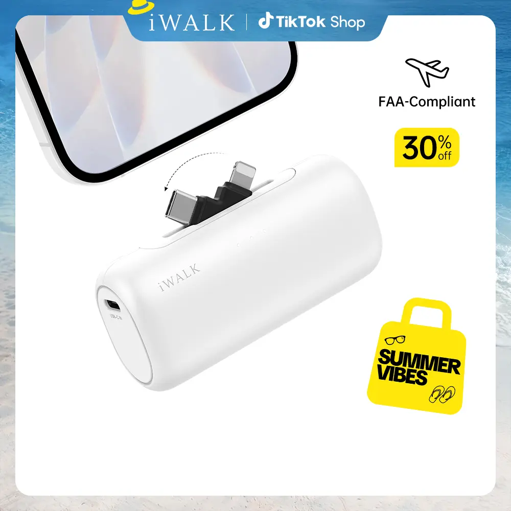 iWALK 2-in-1 Cable Connector Portable Power Bank - 5000mAh Fast Charging Portable Charger with USB C & Lightning Ports, Mobile Phone Accessories for iPhone, Smartphone Devices