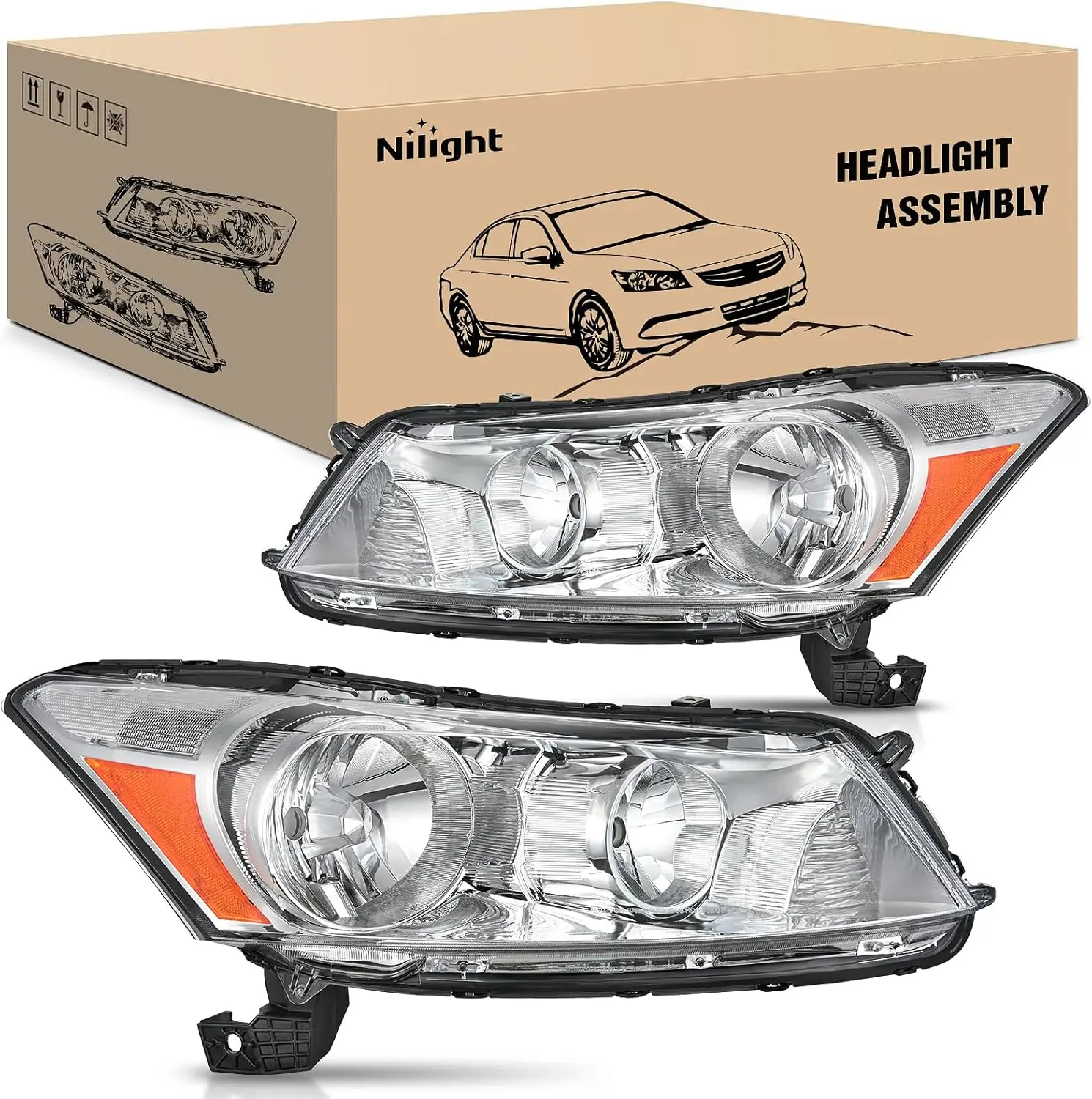 Nilight Headlight Assembly for Honda Accord Sedan 2008-2012 - Chrome Housing, Amber Reflector, High Beam Bulb, Automotive Vehicle Light Accessories