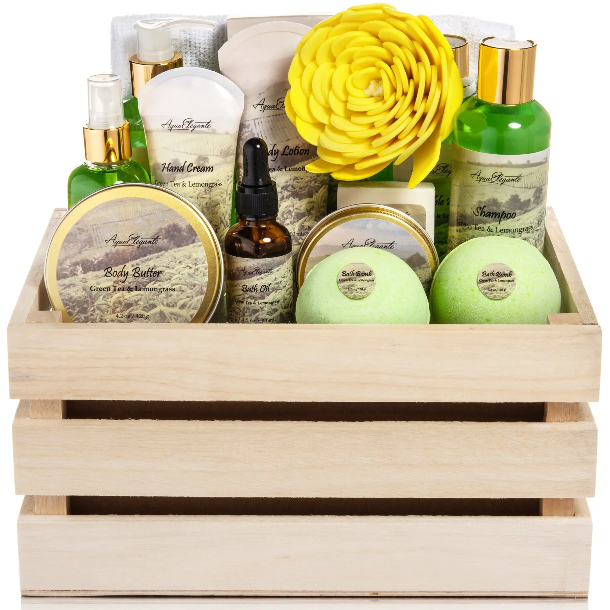 Aqua Elegante Full Spa Gift Set - 15 Piece Premium Bath Basket with Wash, Bubbles, Lotion, Salts, Body Scrub, Towel, Shower Puff, Bathbombs, Reusable Basket, Gifts for Women