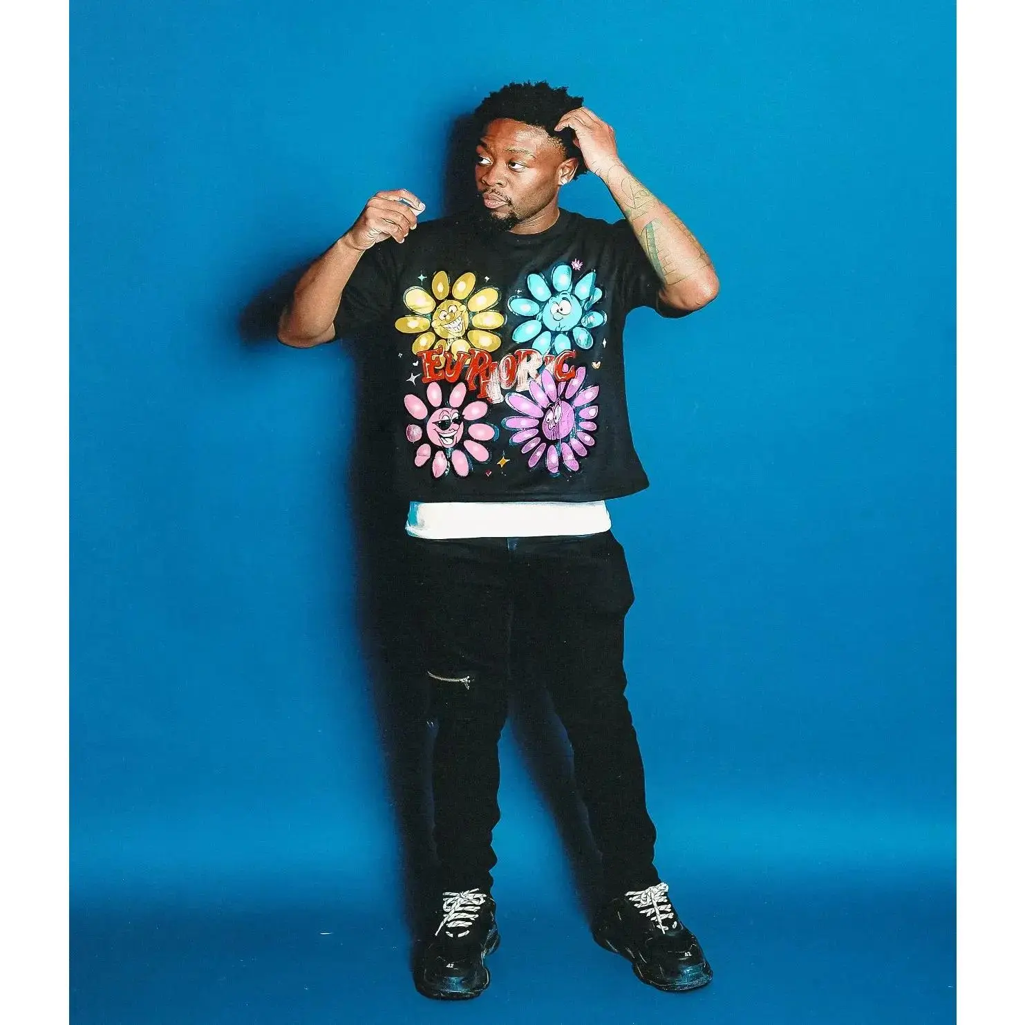 Men's "Euphoric Expression" Smiley Flower Graphic T-Shirt, Black Y2K Streetwear Short-Sleeve Tee, Casual Top with mcr, Gooner, Funny Tia Kemp Designs good graphic tees summer graphic tees vintage t shirts Style soft cotton day graphic tee
