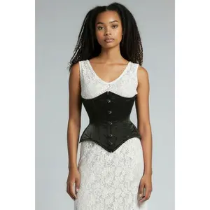 Top Drawer Black Satin Double Steel Boned Curvy Cut Waist Cincher Corset