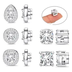 Florideco Stainless Steel Magnetic Stud Earrings for Women Non-piercing CZ Hypoallergenic Clip On Stud Earrings Round Square Teardrop Faux Diamond Halo Magnetic Earrings Set