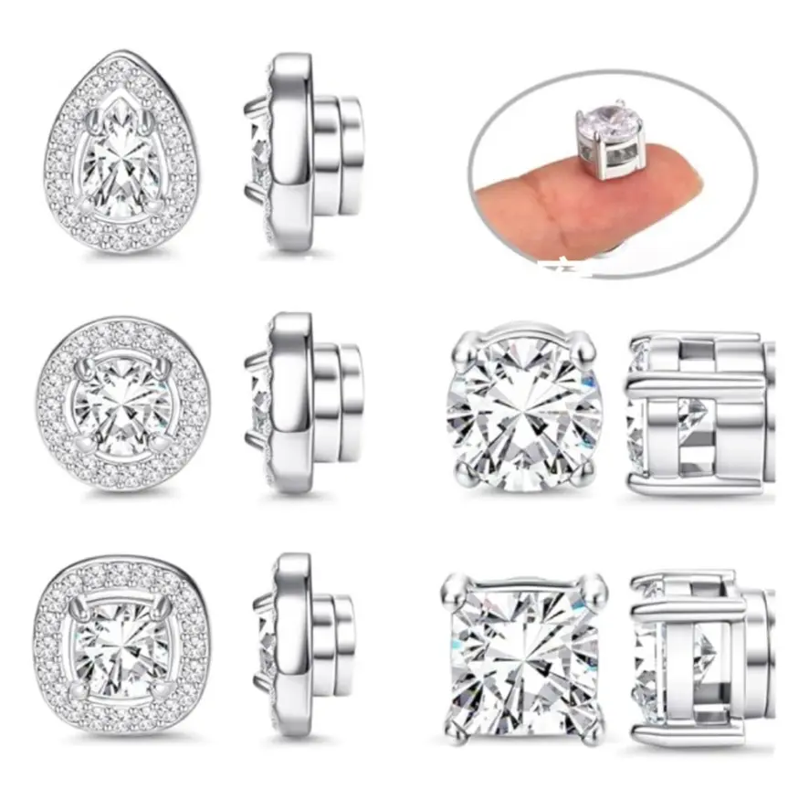 Florideco Stainless Steel Magnetic Stud Earrings for Women Non-piercing CZ Hypoallergenic Clip On Stud Earrings Round Square Teardrop Faux Diamond Halo Magnetic Earrings Set