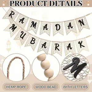 Bohemian Ramadan Mubarak Banner, Handcrafted Wooden Eid al-Fitr Decor with Hemp Rope, Easy to Hang for Home and Outdoor Celebrations, Party Decoration Banner