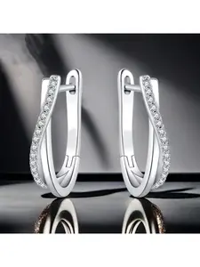 Silver Tone Twist Huggie Hoop Earrings with Paved CZ - Elegant Small Hoop Earrings for Women, Everyday Statement Jewelry